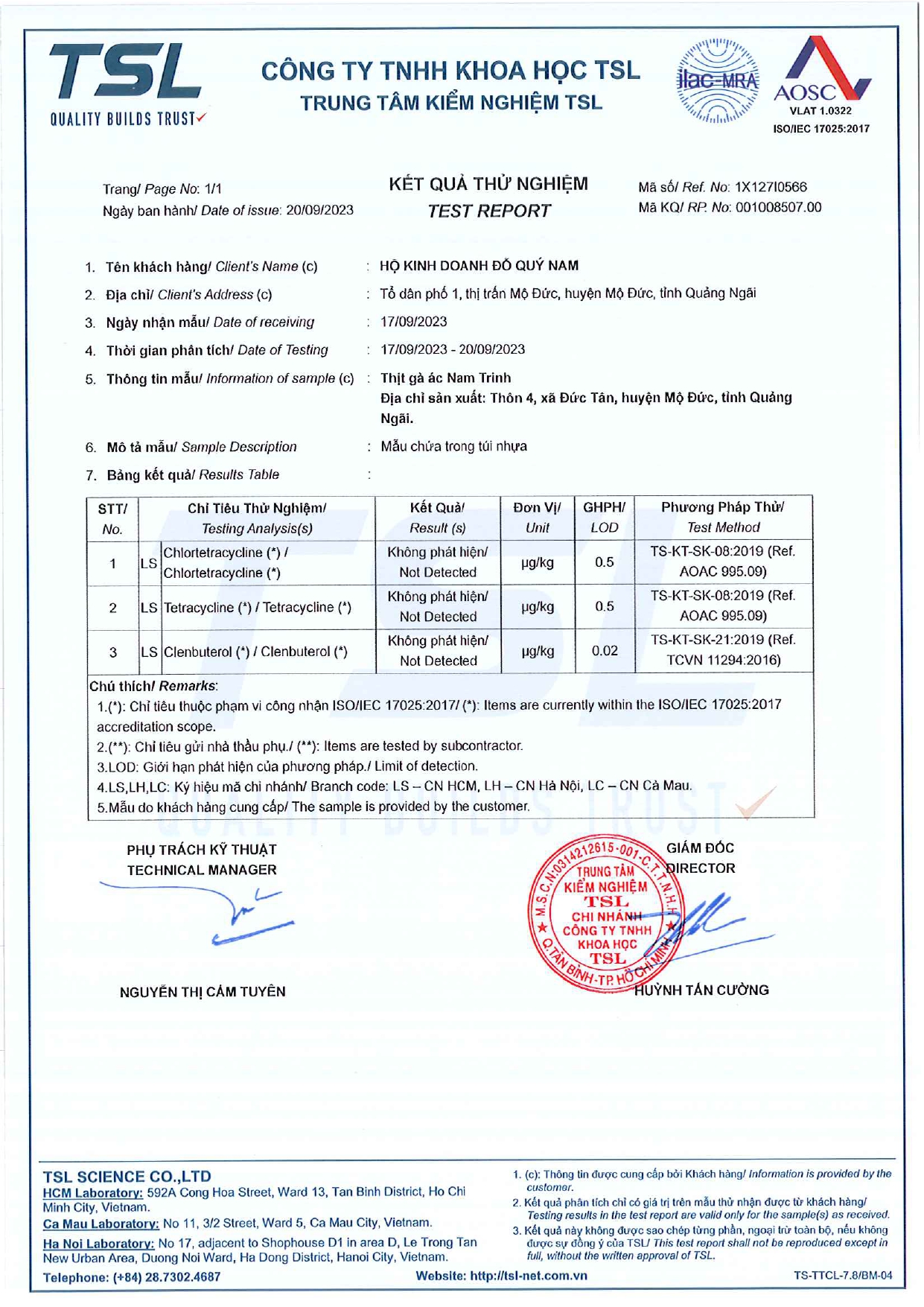 kết quả xét nghiệm- thịt gà ác Nam Trinh